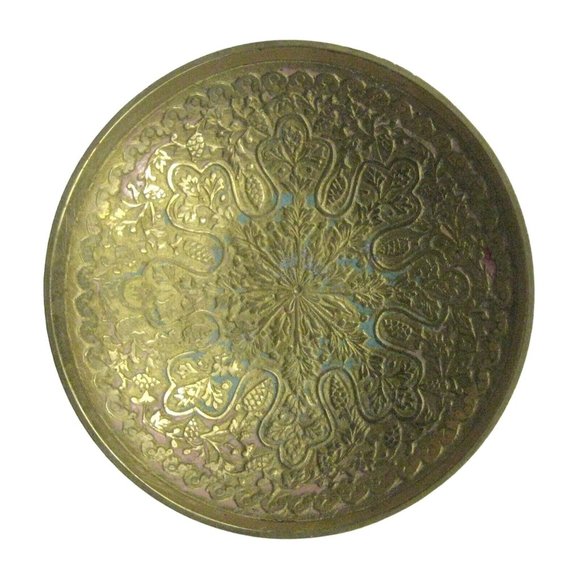 Etched Brass Bowl Chinoiserie Round Footed Decor Trinket 3 7/8 inches Enamel - Picture 2 of 6